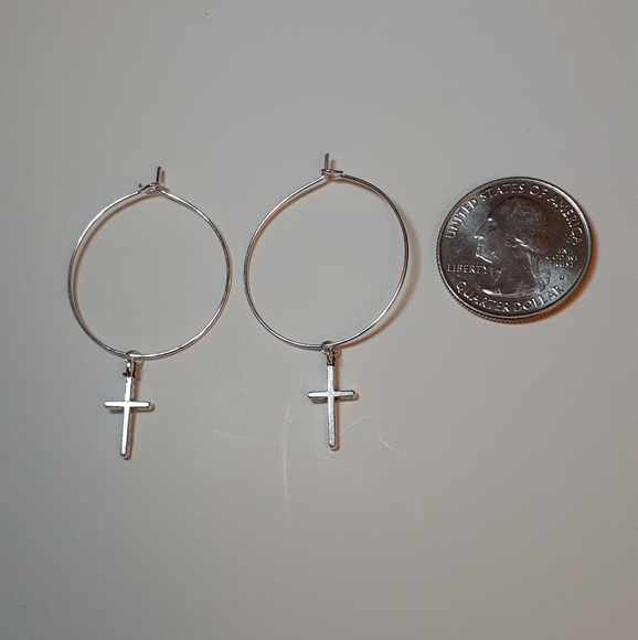 Cross hoop Earrings handmade 1 inch silver plated dangle drop hoops nickel free - Picture 3 of 5